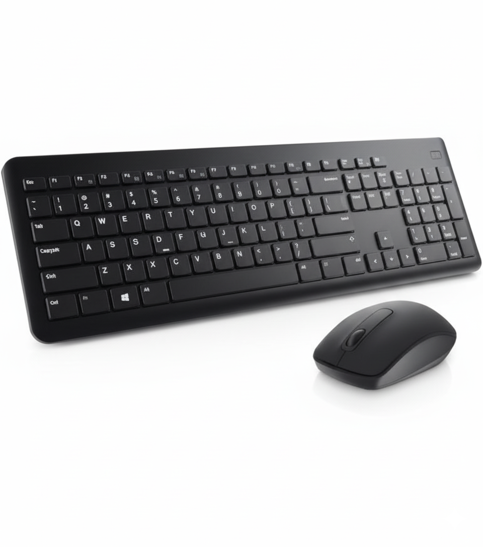 Black keyboard and mouse set on a white background