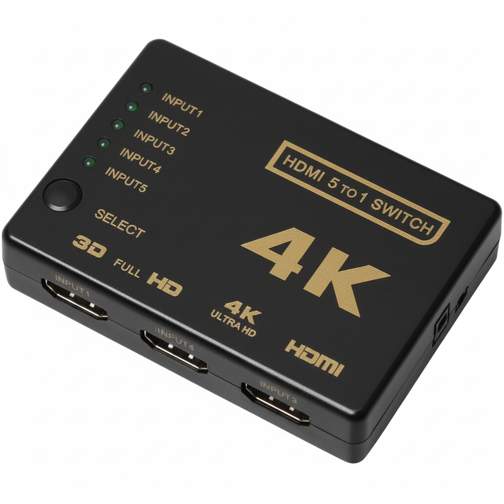 HDMI 5 to 1 switch with 4K resolution on a white background
