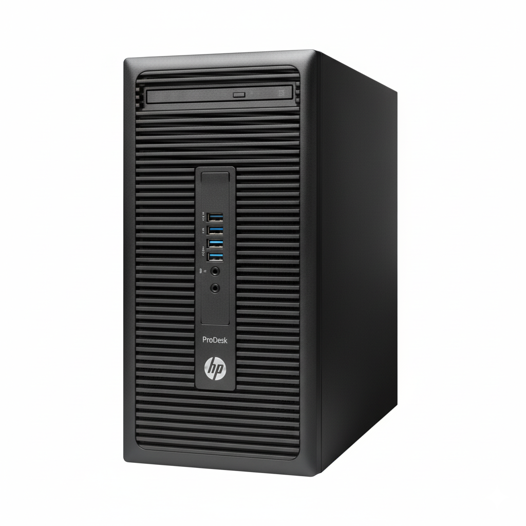 Black HP ProDesk computer tower on a white background