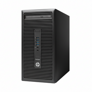 Black HP ProDesk computer tower on a white background