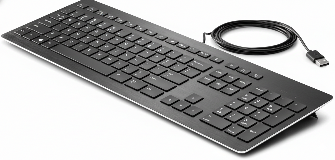 Black keyboard with USB cable on a white background
