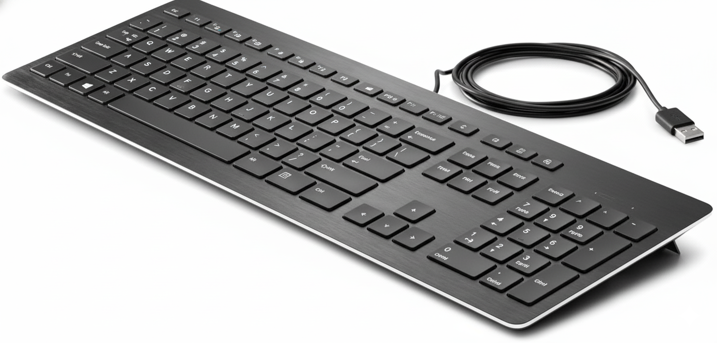 Black keyboard with USB cable on a white background