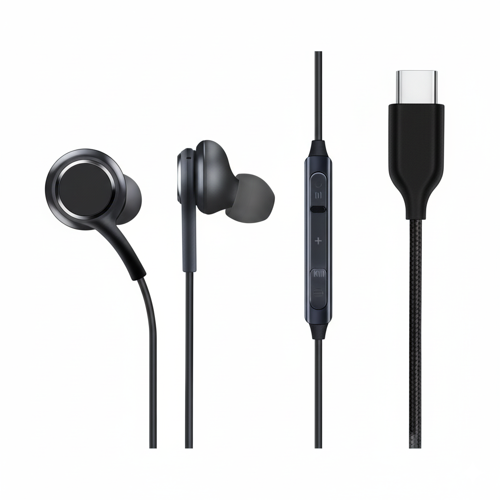 Black earbud headphones with control cable on a white background