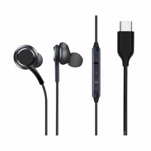 Black earbud headphones with control cable on a white background