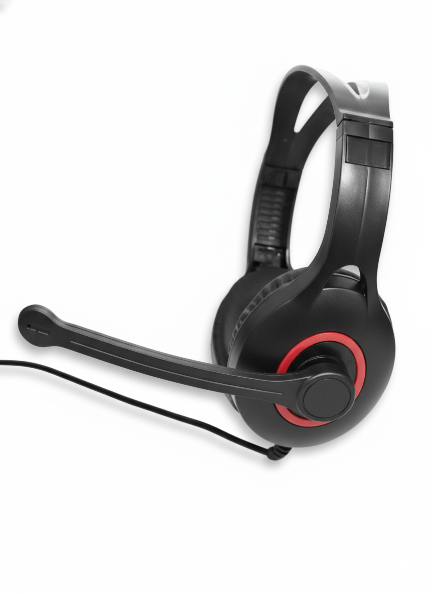 Black and red gaming headset on a white background