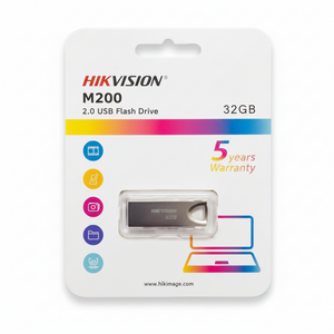 Hikvision M200 USB flash drive packaging with 32GB capacity on a white background