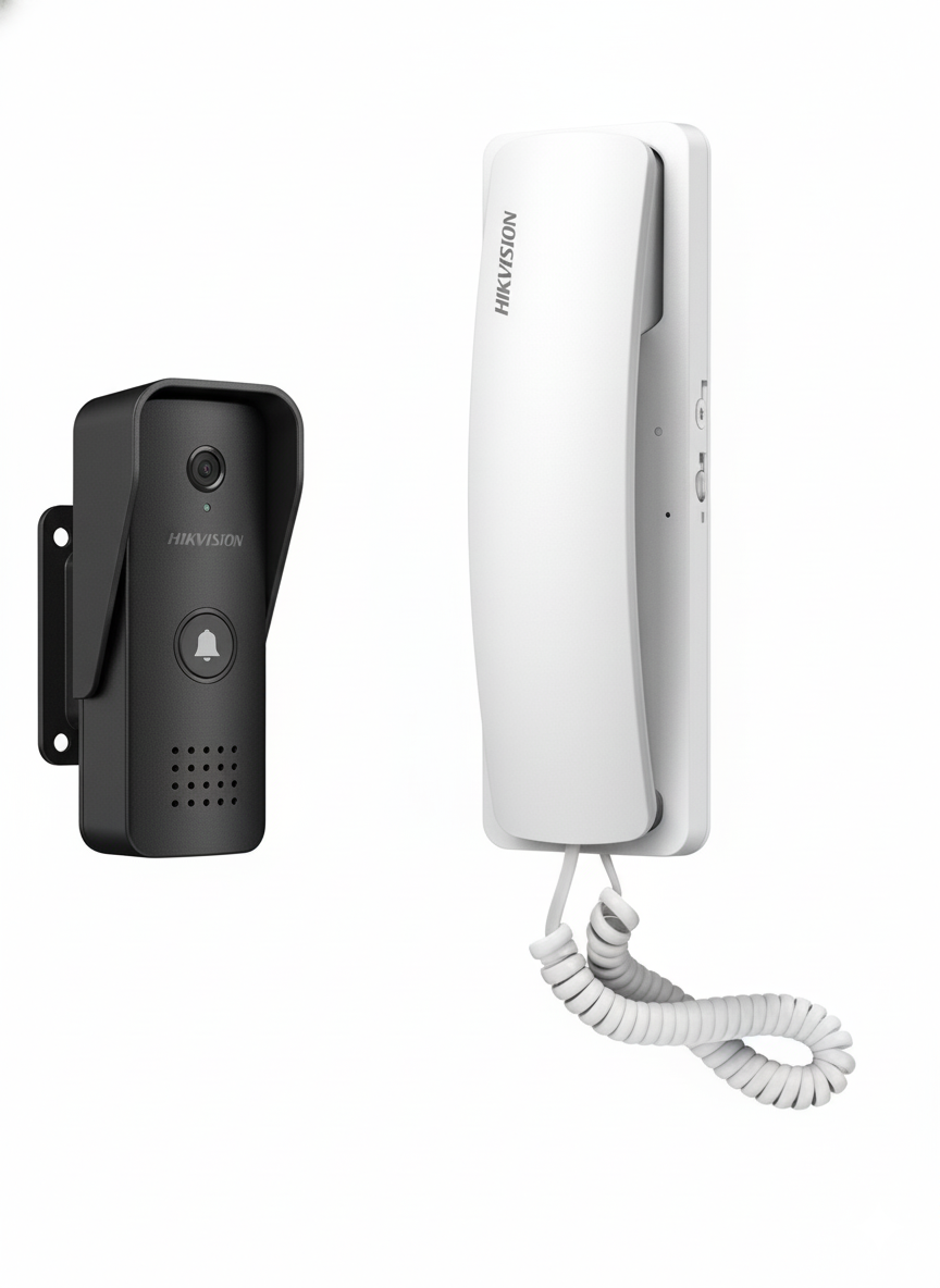 Hikvision doorbell camera and intercom system on a white background