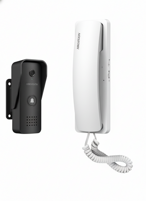 Hikvision doorbell camera and intercom system on a white background