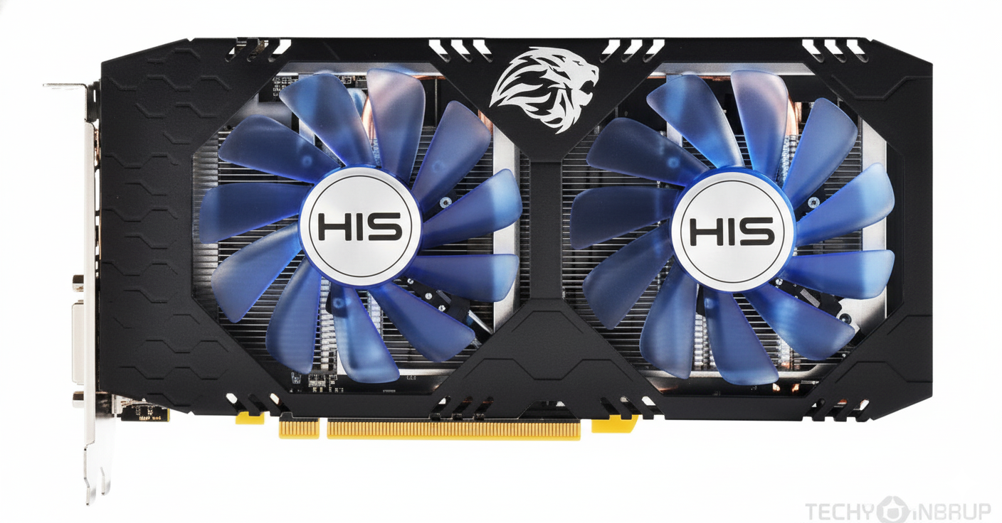 Graphics card with dual blue fans and 'HIS' branding on a white background