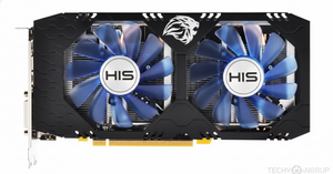 Graphics card with dual blue fans and 'HIS' branding on a white background
