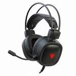 Black gaming headset with a red logo on a white background