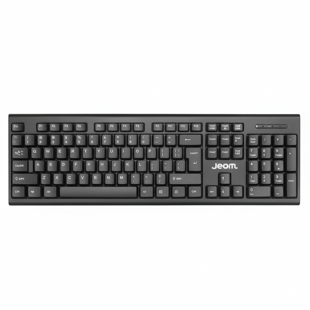 Black keyboard with 'Jeom' branding on a white background