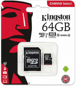 Kingston 64GB microSDHC card with adapter on packaging featuring a red and black graphic.