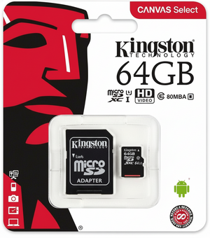 Kingston 64GB microSDHC card with adapter on packaging featuring a red and black graphic.