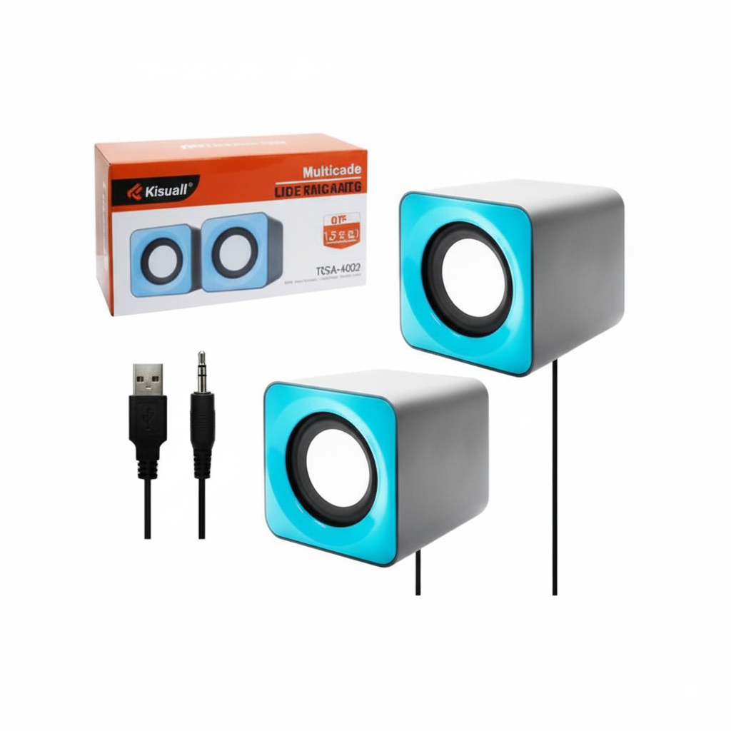 Two blue and gray speakers with USB cable and audio jack on a white background, featuring Kiswall branding.