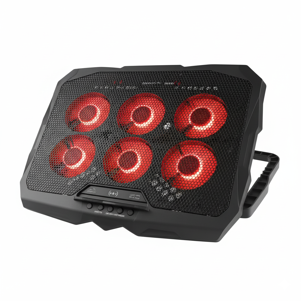 Black laptop cooling pad with red LED lights on a white background