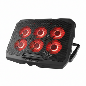 Black laptop cooling pad with red LED lights on a white background