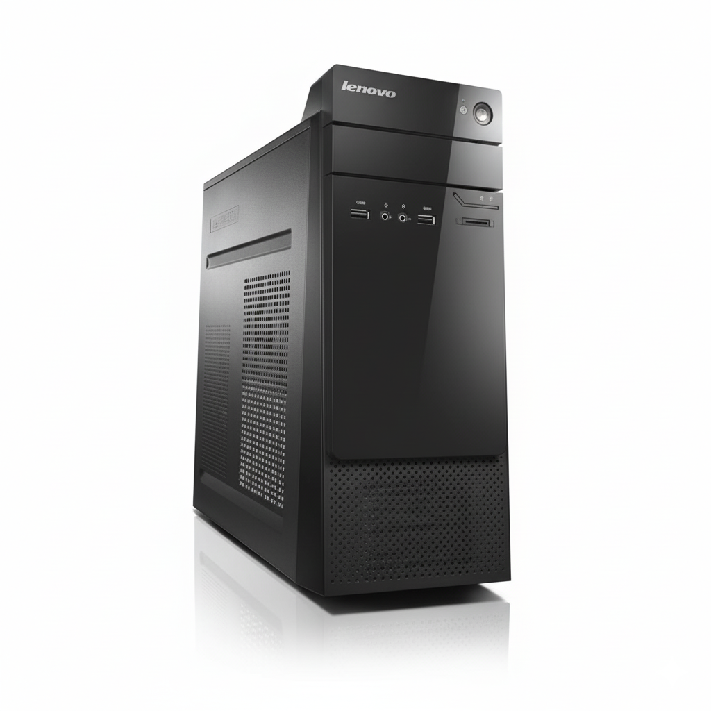 Black Lenovo computer tower on a white background