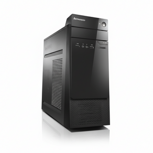 Black Lenovo computer tower on a white background