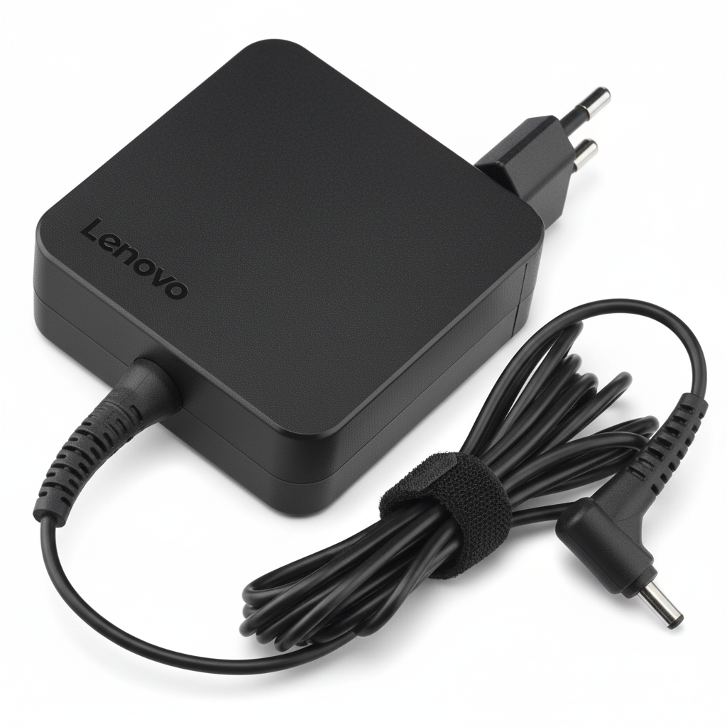 Lenovo laptop charger with power cord on a white background