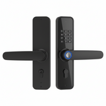 Black digital door lock with keypad on a white background