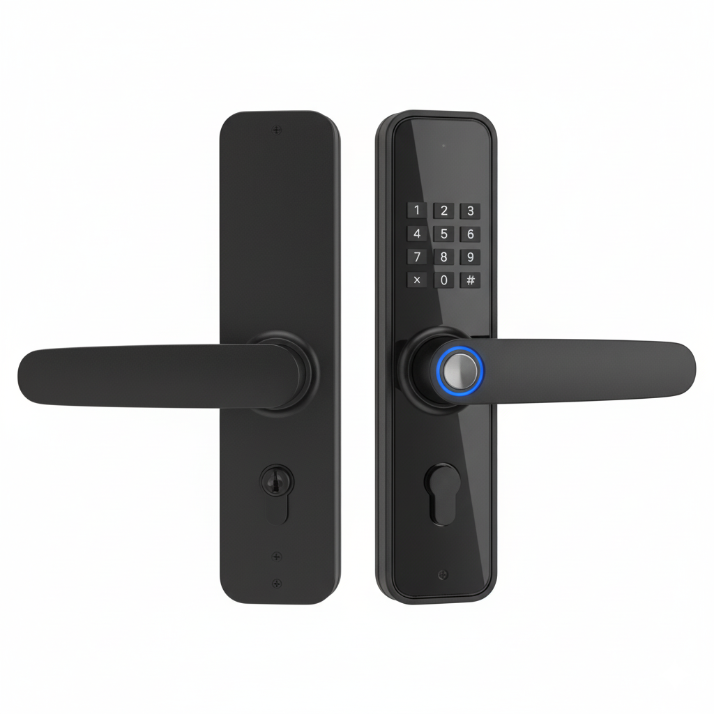 Black digital door lock with keypad on a white background