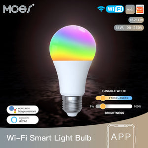 MOES RGB smart LED bulb illuminating a room