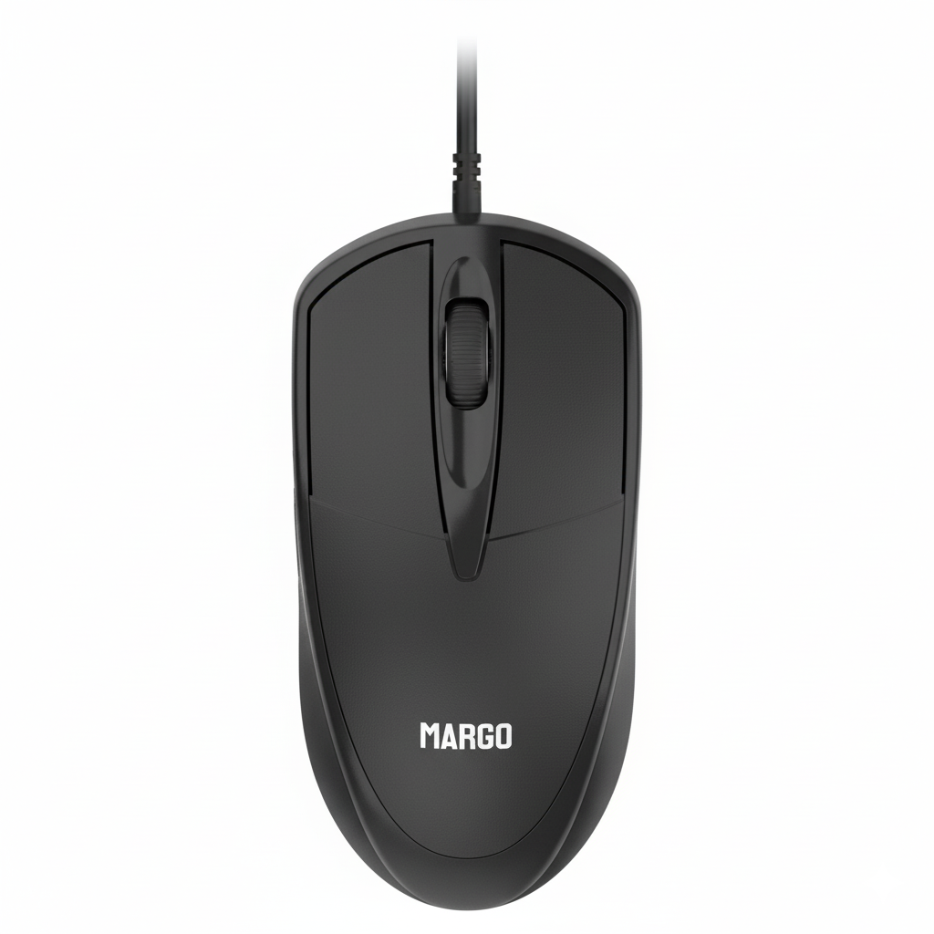 Black computer mouse with 'Margo' branding on a white background