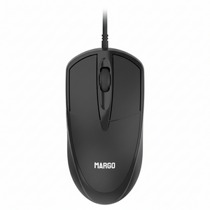 Black computer mouse with 'Margo' branding on a white background
