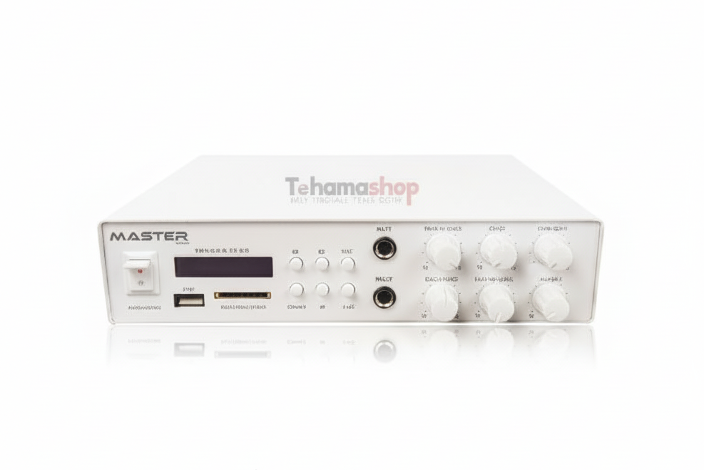 White electronic device with control knobs and buttons on a white background, featuring 'Tehamashop' and 'Master Team' logos.