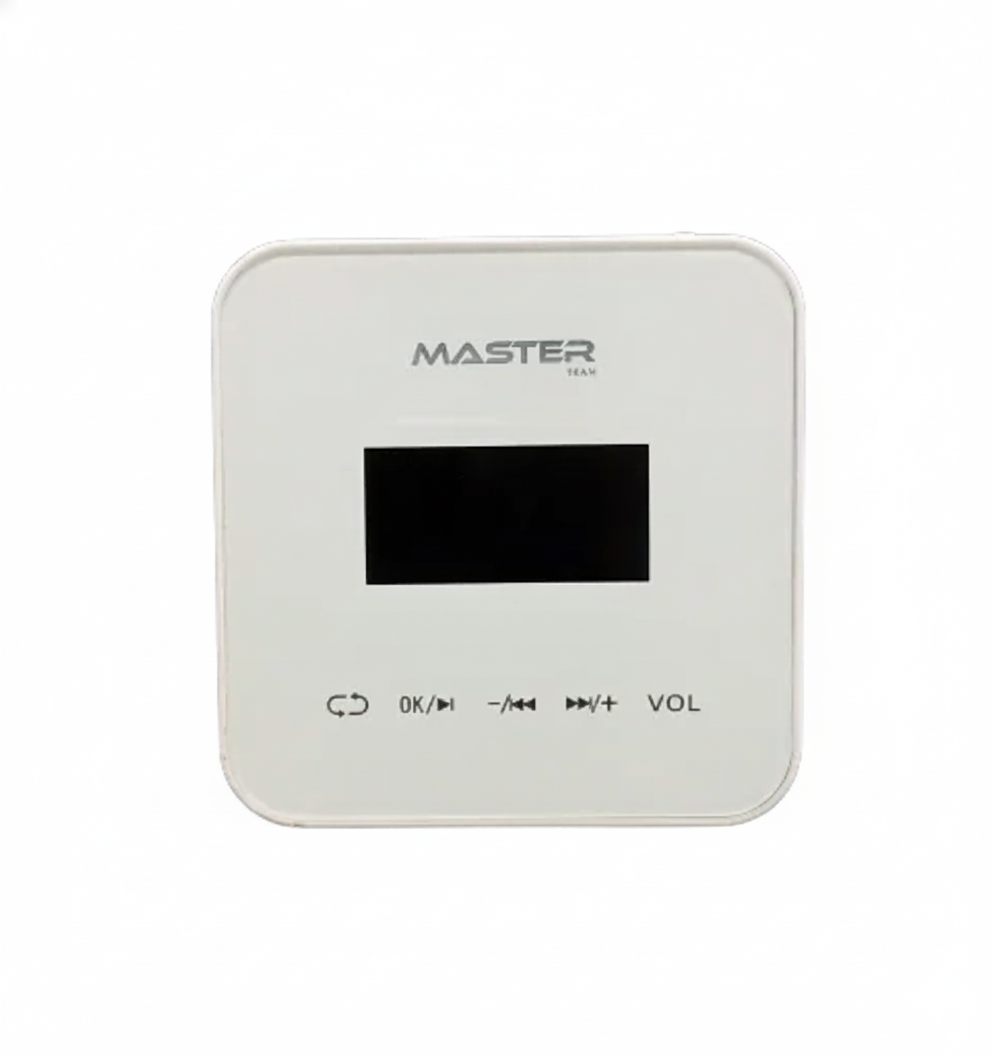 White electronic device with control buttons and a screen on a white background