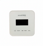 White electronic device with control buttons and a screen on a white background