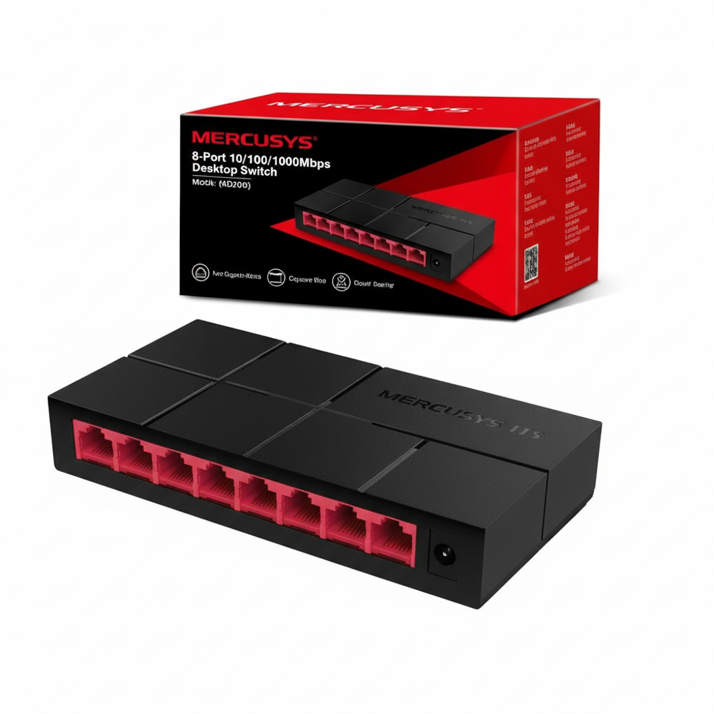 Black and red Mercusys network switch with packaging on a white background