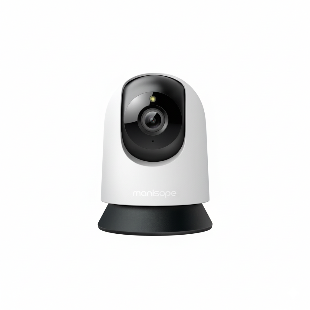 White security camera with black lens on a white background