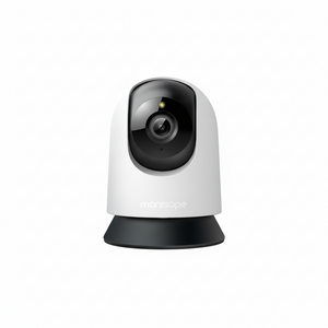 White security camera with black lens on a white background