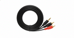 Black audio cable with red and white plugs on a white background