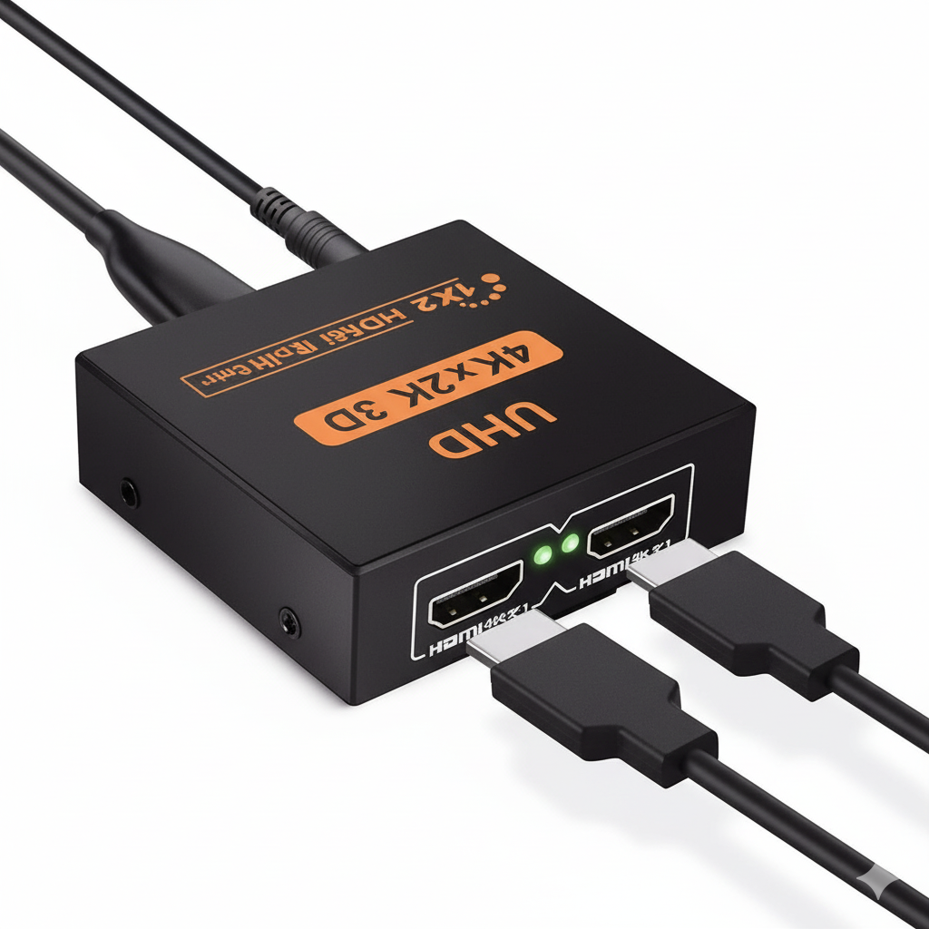 HDMI splitter with two cables on a white background