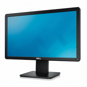 Black Dell computer monitor with blue screen on a white background