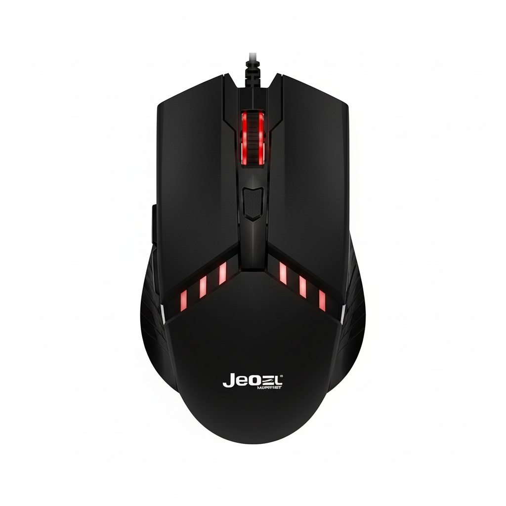 Black gaming mouse with red LED lights on a white background, featuring the brand 'Jeozel'.