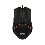 Black gaming mouse with red LED lights on a white background, featuring the brand 'Jeozel'.