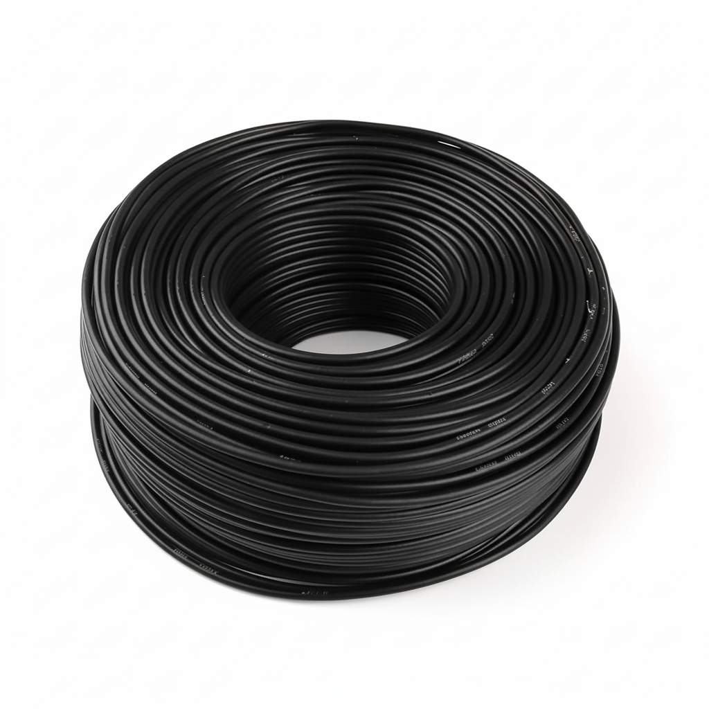 Coiled black cable on a white background