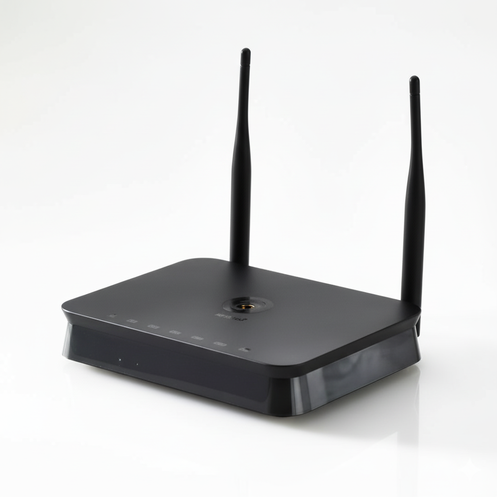 Black wireless router with antennas on a white background