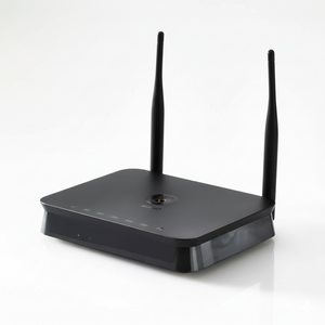 Black wireless router with antennas on a white background