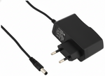 Black power adapter with plug on a white background