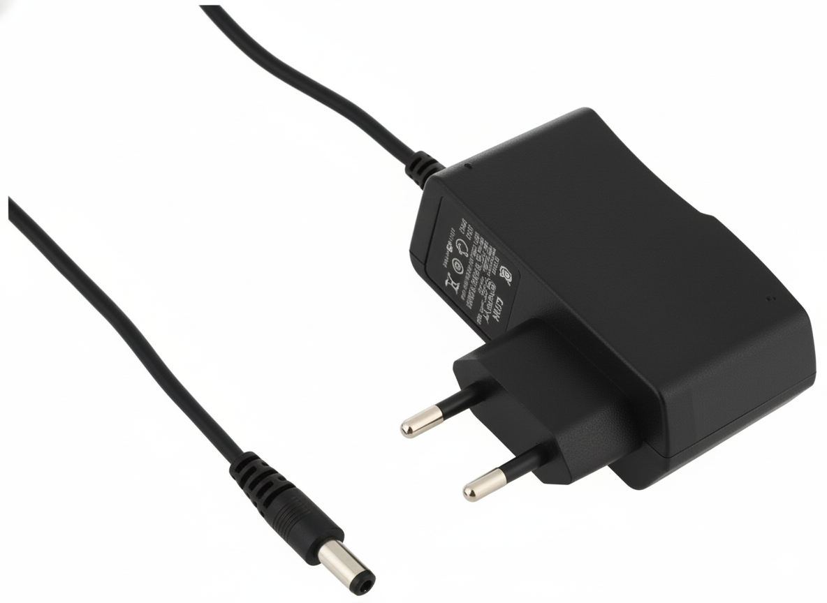 Black power adapter with plug on a white background