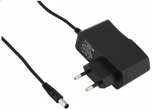Black power adapter with plug on a white background