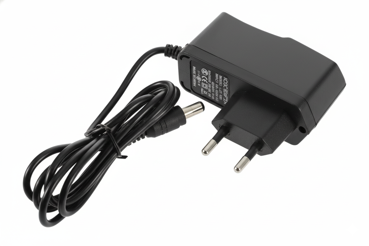 Black power adapter with cable on a white background