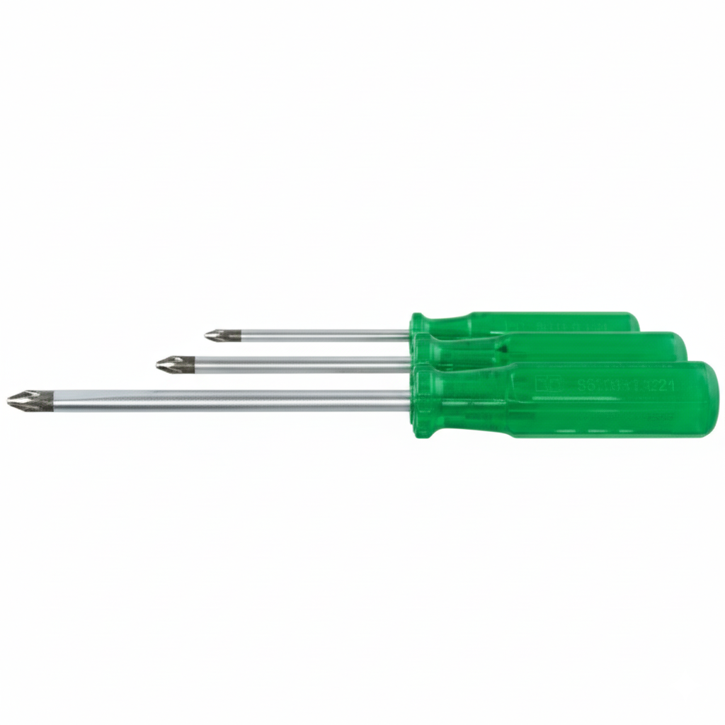 Green screwdriver set with multiple bits on a white background