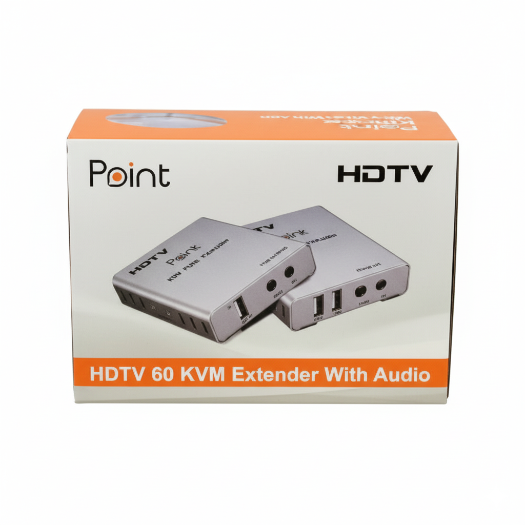 HDTV KVM extender with audio packaging on a white background