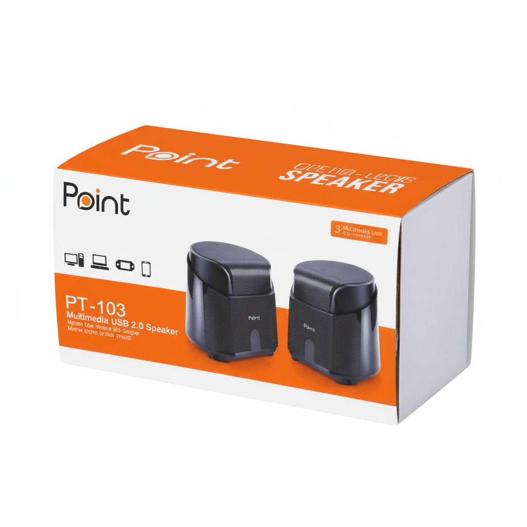 Point brand speaker packaging with two black speakers on an orange and white box.